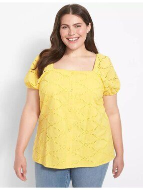Lane Bryant Plus Size Yellow Eyelet Button-Down Blouse Short Puff Sleeves Square